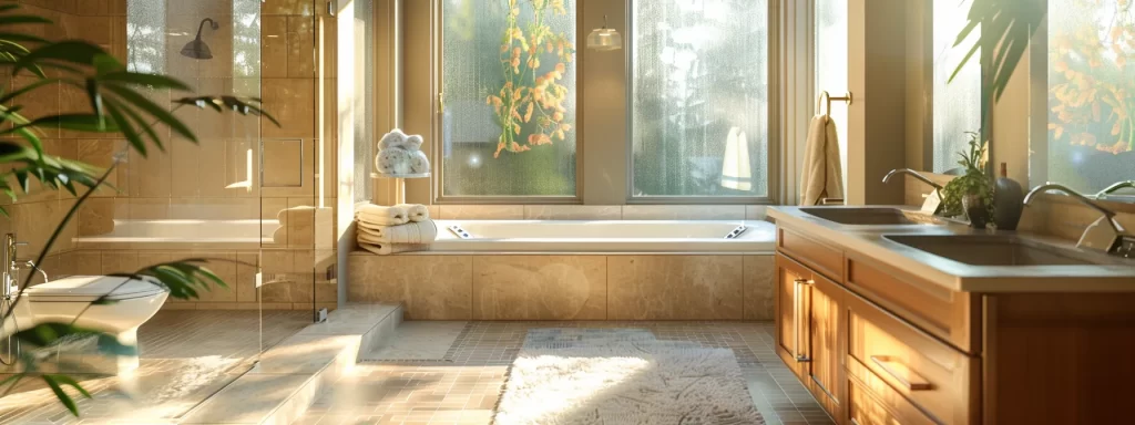 a beautifully remodeled bathroom exuding a spa-like ambiance, featuring elegant fixtures, calming colors, and soft natural light streaming through a frosted window, highlighting the quality craftsmanship and attention to detail.