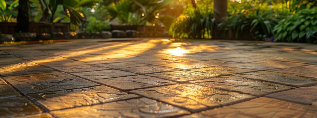 a beautifully textured patio of stamped concrete, showcasing intricate patterns and rich hues, bathed in golden sunlight, surrounded by lush greenery to emphasize its aesthetic appeal and durability.