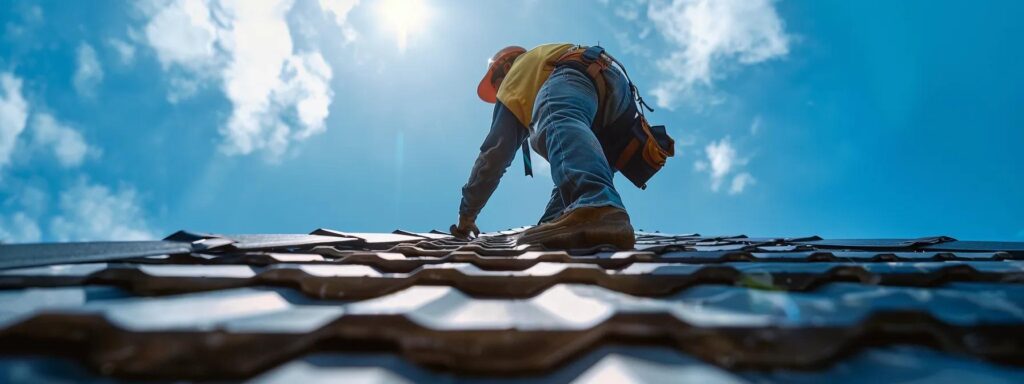 a close-up shot of a skilled roofer diligently installing high-quality roofing materials under a bright blue sky, showcasing the precision and craftsmanship that ensures durability and safety in roof replacement and repair.