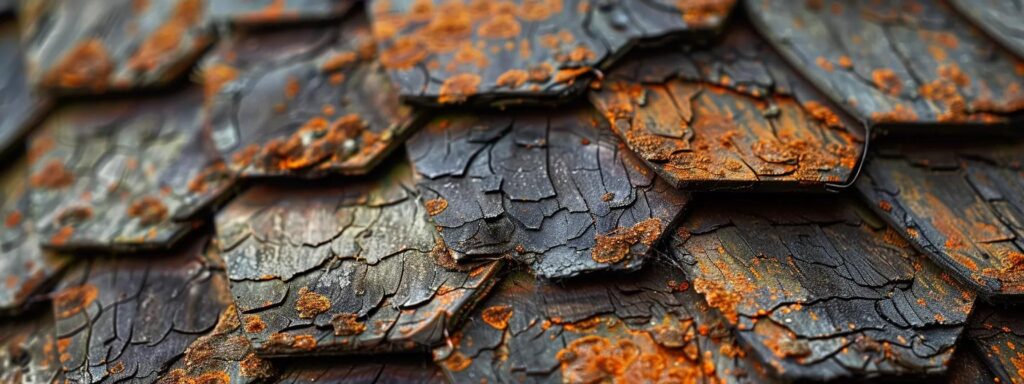 a close-up of a weathered roof showcasing curling shingles and dark water stains, illuminated by warm afternoon light, vividly illustrating the urgent need for repair.