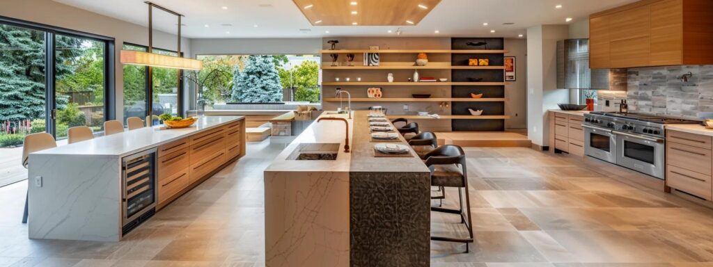 a distinguished remodeling contractor, surrounded by samples of stylish kitchen and bathroom designs, engages thoughtfully with clients amidst a well-lit, modern workspace, exuding professionalism and expertise.