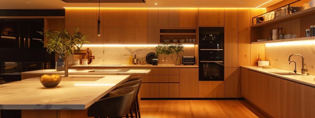 a modern kitchen renovation in progress, showcasing sleek cabinetry and vibrant countertops lit by warm, ambient lighting, capturing the essence of transformation and design expertise.