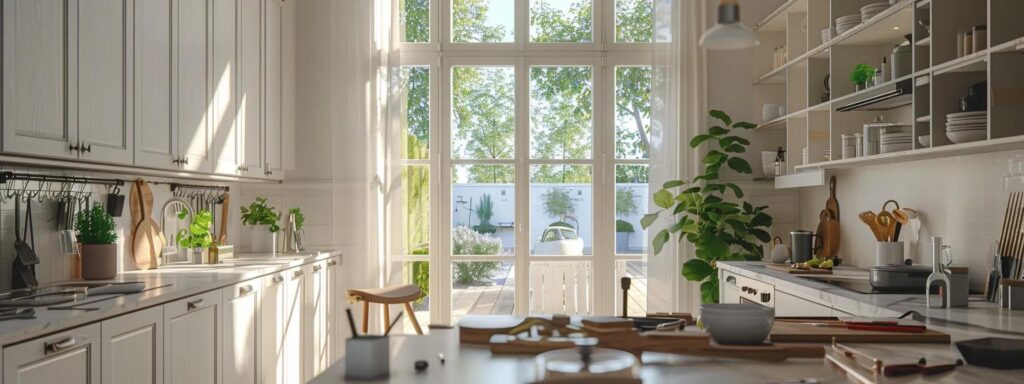 a modern kitchen transformation in progress, showcasing a skilled contractor measuring sleek cabinetry under bright, natural light streaming through a window, with tools and materials elegantly arranged in the foreground.