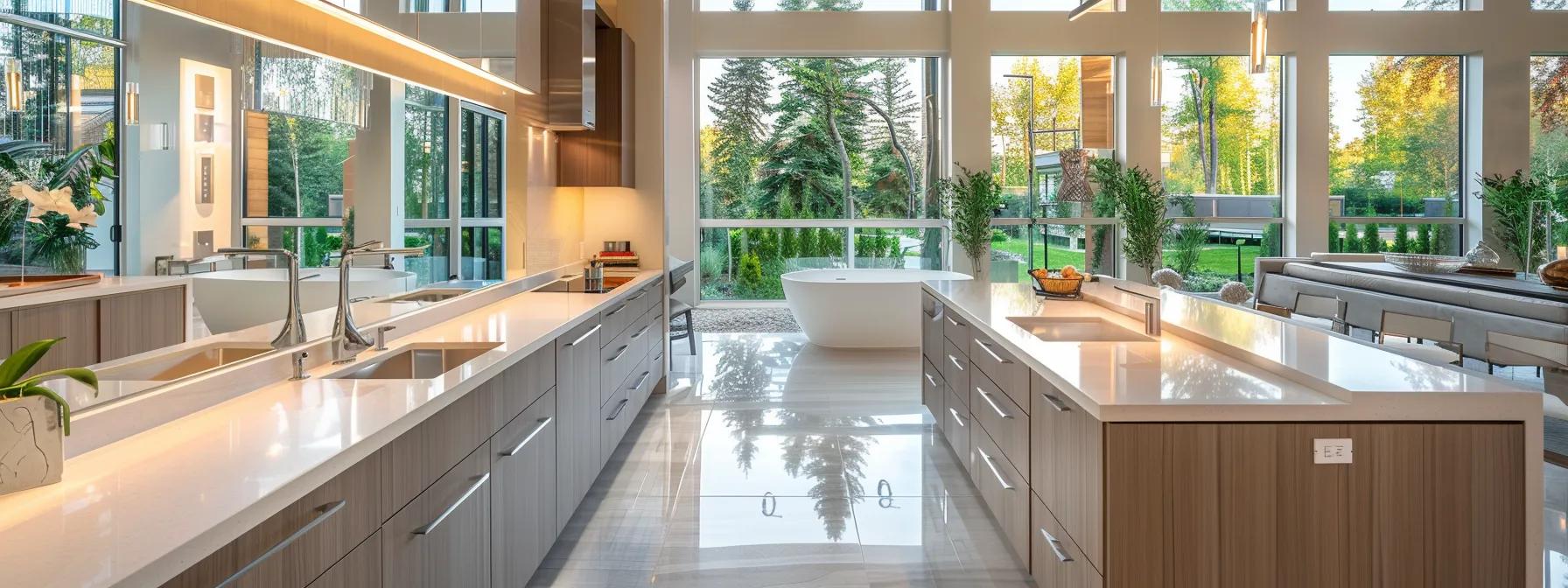 a modern residential kitchen showcases sleek cabinetry and polished countertops, seamlessly merging with a luxurious bathroom featuring elegant fixtures and natural light cascading through large windows.