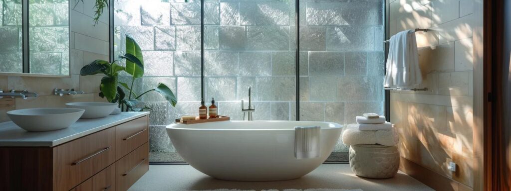 a serene bathroom oasis featuring elegant fixtures and soothing natural light streaming through frosted glass, creating a tranquil spa-like atmosphere ideal for relaxation and rejuvenation.