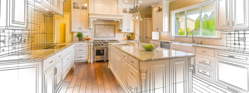 a serene kitchen remodel scene showcases an elegant, modern design featuring eco-friendly materials, framed by architectural blueprints and local building codes in the background, illuminated by warm, natural light streaming through a nearby window.