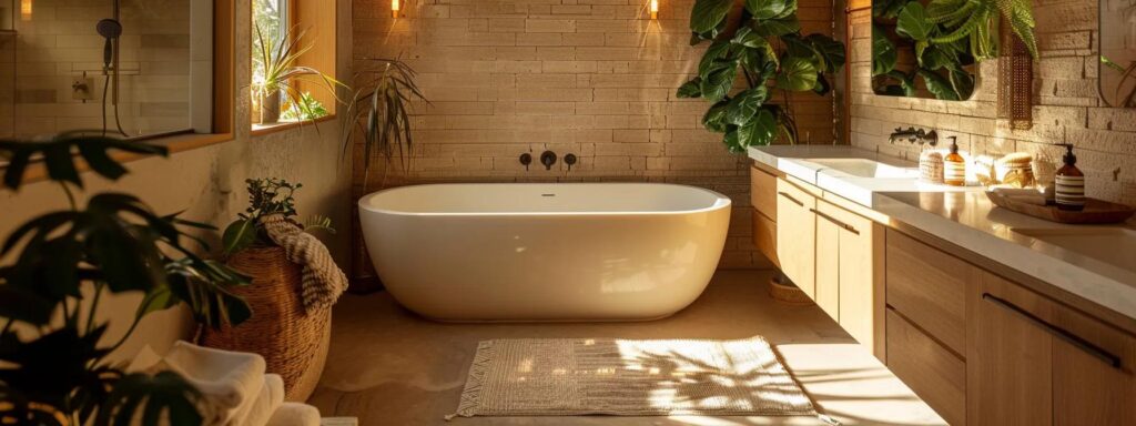 a serene, spa-inspired bathroom remodel features warm, earthy tones, sustainable materials, and modern smart technology, creating a tranquil ambiance that invites relaxation and rejuvenation.