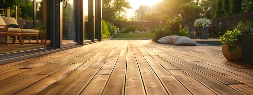 a striking outdoor patio scene showcases the contrasting textures and colors of trex decking alongside traditional wooden planks, bathed in warm sunset light, emphasizing the themes of durability and aesthetic beauty.