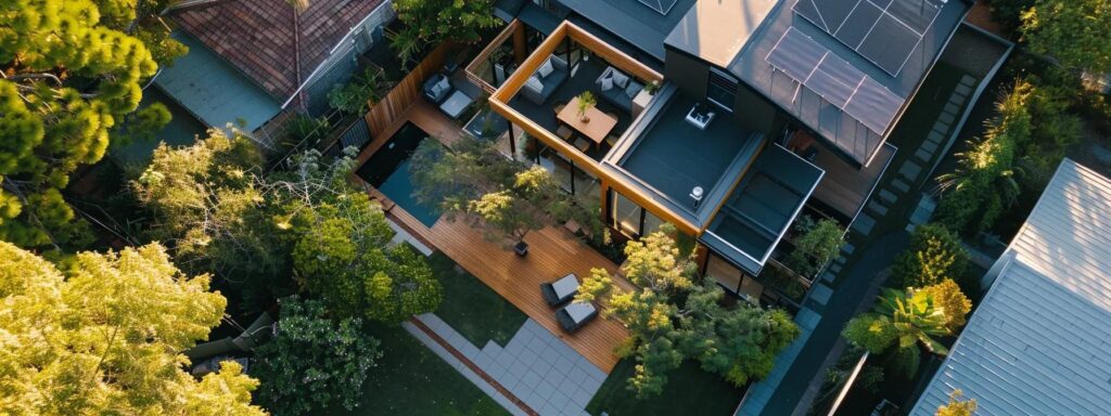 a stunning aerial view of a beautifully renovated home, showcasing a modern addition seamlessly blending with the existing structure, accentuated by lush landscaping and vibrant sunlight filtering through clear blue skies.