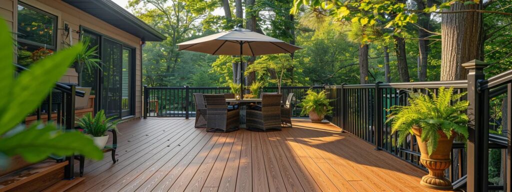 a stunning outdoor deck showcases the contrast between luxurious trex decking and traditional wood, highlighted by a sun-drenched ambiance that emphasizes both their slip resistance and fire-rated safety features, surrounded by vibrant greenery.