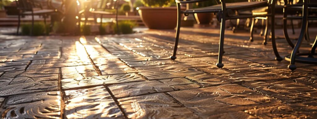 a stunning outdoor patio featuring intricately stamped concrete patterns in vibrant earth tones, bathed in warm, golden sunlight, showcasing the durability and aesthetic appeal of both stamped and traditional concrete surfaces.