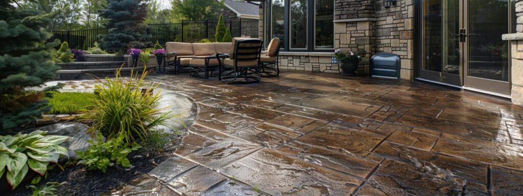 a stunning outdoor space showcases a beautifully textured stamped concrete patio, surrounded by vibrant landscaping, highlighting the striking contrast between its intricate design and the simplicity of traditional concrete finishes.