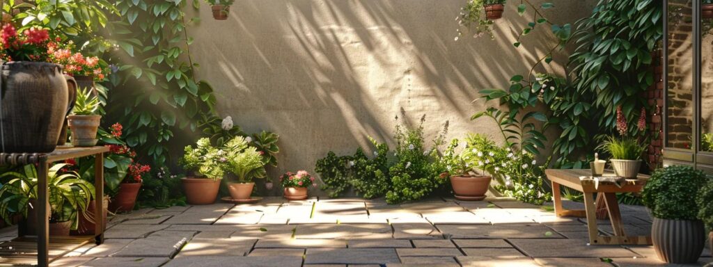 a sunlit outdoor patio showcasing a beautifully laid traditional concrete surface, emphasizing its durability and cost-effectiveness amidst vibrant greenery and decorative elements.