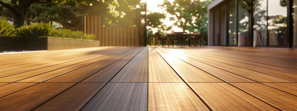 a vibrant comparison scene showcasing a beautifully crafted trex deck on one side and a traditional wooden deck on the other, bathed in warm golden sunlight, highlighting the unique textures and colors of each material.