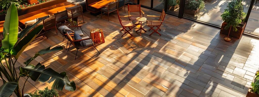 a vibrant outdoor patio showcases a seamless blend of trex and wood decking, with sunlight casting playful shadows, inviting viewers to explore the contrasting textures and colors while highlighting the essence of customer experiences and satisfaction.