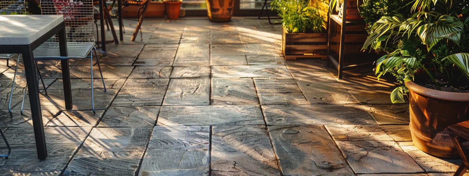 a vibrant outdoor patio showcasing the striking textures of stamped concrete contrasted against the smooth finish of traditional concrete, illuminated by warm sunlight to emphasize the elegant design choices for modern landscaping.