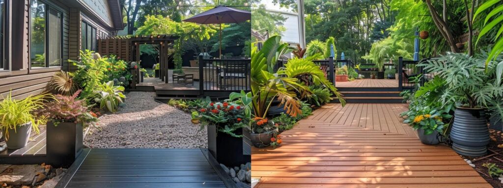 a vibrant outdoor setting showcases two distinct decks—one made of trex materials seamlessly blending with a low-maintenance landscape, and a traditional wooden deck surrounded by lush greenery, under dappled sunlight, illustrating the contrast in climate suitability and aesthetics.