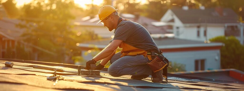 a vibrant rooftop scene features a skilled technician carefully applying a sealant on a sunlit shingle roof, surrounded by tools and materials that represent various roofing repair techniques.