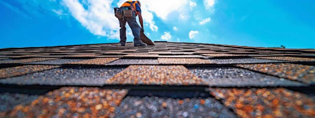 a vibrant scene of a skilled roofer meticulously installing durable shingles on a pitch-roofed home under a clear blue sky, showcasing a blend of craftsmanship and modern roofing materials.