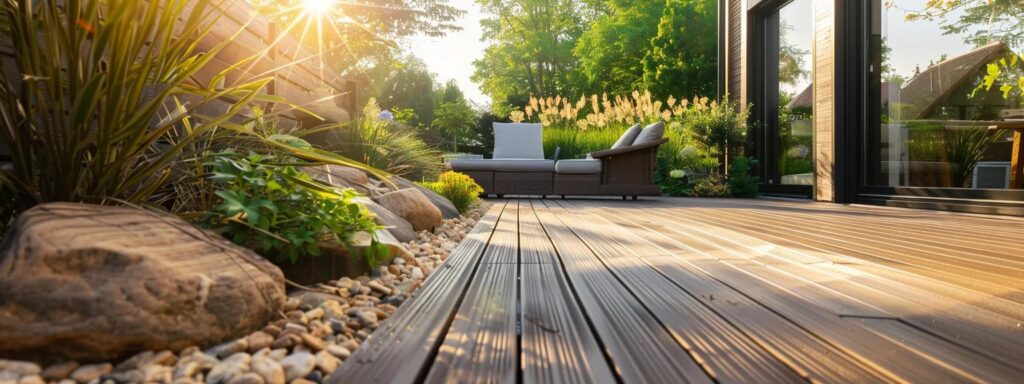 a beautifully crafted trex deck seamlessly blends with an inviting backyard landscape, showcasing its rich texture and vibrant colors under soft golden sunlight, with a backdrop of lush greenery and a clear blue sky.