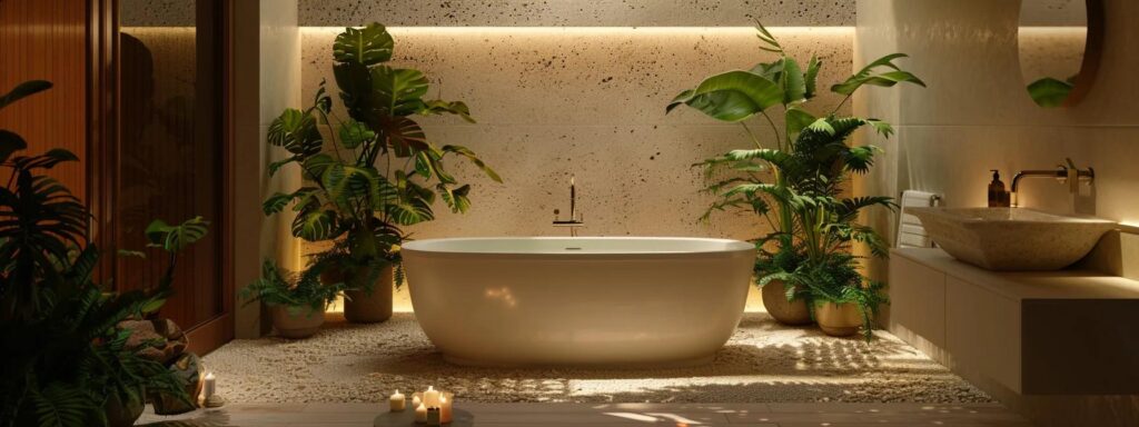 a serene bathroom oasis features a luxurious freestanding bathtub surrounded by soft, ambient lighting, natural elements like potted plants, and textured finishes that evoke tranquility and relaxation.