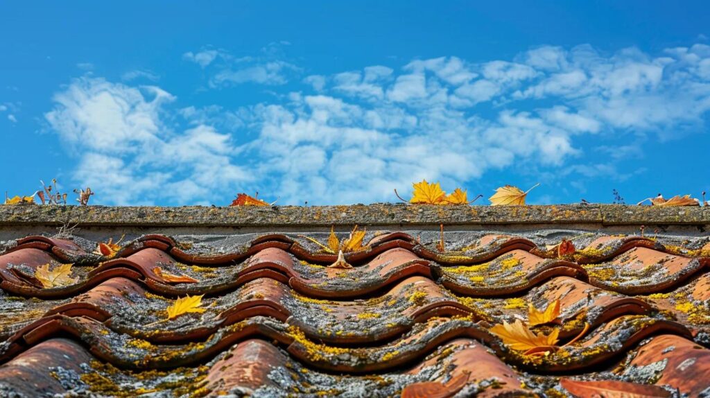 a weathered roof under a bright blue sky, showcasing visible signs of wear and tear, with scattered autumn leaves reflecting the urgency of maintenance and repair decisions.