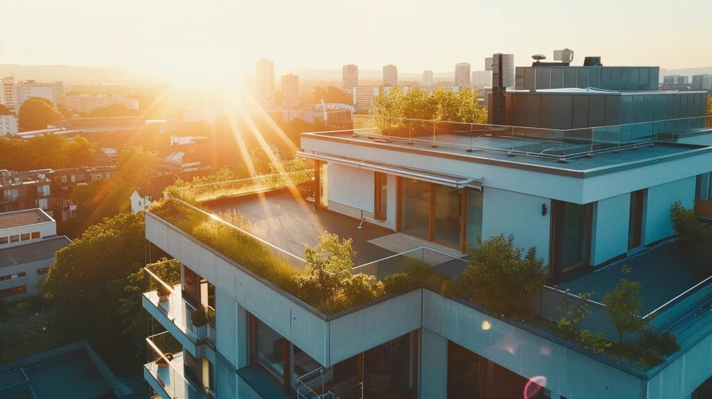 a sunlit rooftop with a stylish, modern design showcases energy-efficient materials, emphasizing the importance of strategic roofing choices for long-term investment and environmental sustainability.